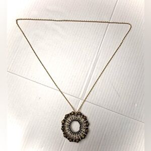 Vintage Black and Gold Tone Pendant Safety Pin Statement Necklace Sunburst Retro